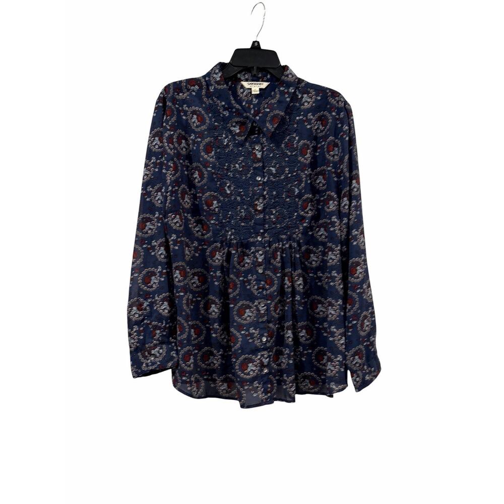 Tantrums Red White & Blue Floral Peasant-Style Sheer Blouse SZ XL Embroidery - Picture 9 of 14